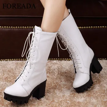 FOREADA Platform Super High Heel Woman Boots Lace Up Mid Calf Boots Round Toe Block Heel Shoes Female Autumn Winter White 34-43
FOREADA Platform Super High Heel Woman Boots Lace Up Mid Calf Boots Round Toe Block Heel Shoes Female Autumn Winter White 34-43