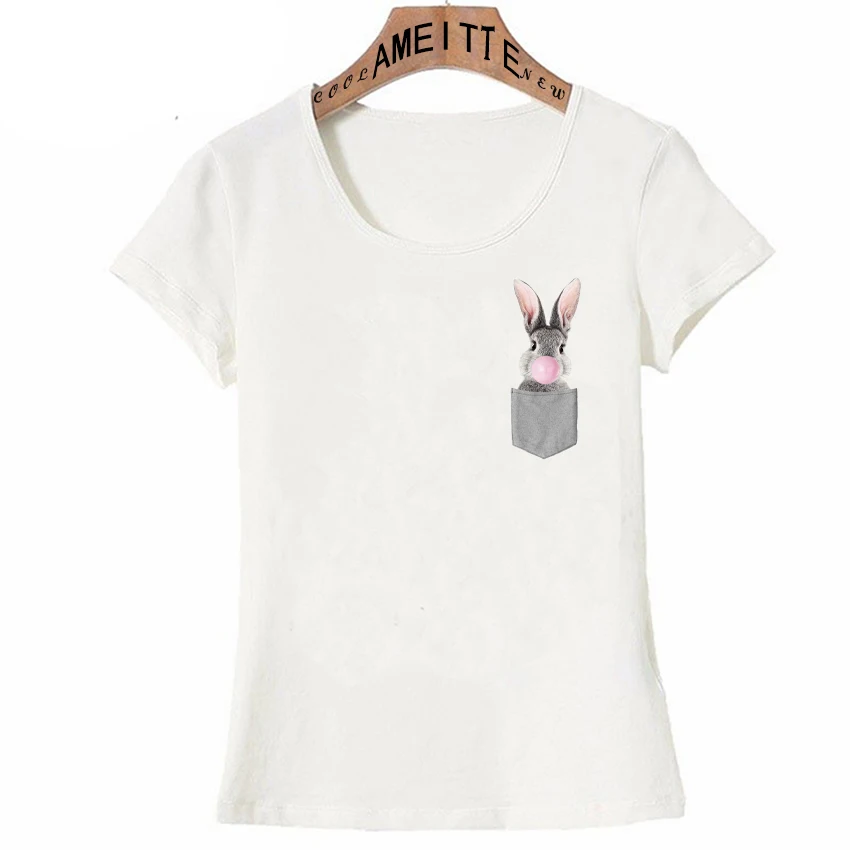 Фото Casual Fashion Women Short Sleeve Bunny With Bubble Gum Print T-Shirt Female Funny Pocket White Tops Cute Rabbit Girl Tee shirt | Женская