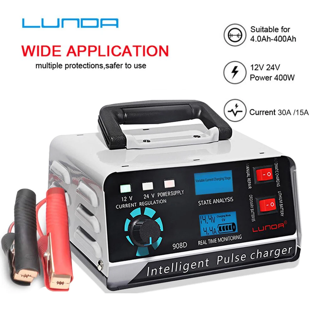 LUNDA 400W fully automatic car battery charger 12V 24V lead-acid Smart pulse repair type Maintainer,for car truck motorcycle RV
LUNDA 400W fully automatic car battery charger 12V 24V lead-acid Smart pulse repair type Maintainer,for car truck motorcycle RV