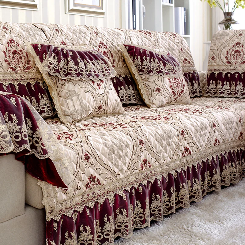 

High-end Luxury Sofa Sets Cover Sofa Red Jacquard Lace Sofa Slipcovers Cotton Linen Sectional Couch Covers Lace Towel Case Sofa