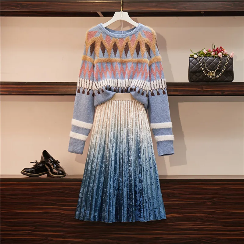 High Quality Autumn New Two piece Set Blue Geometric pattern jacquard Thick Sweater + Gradient Velvet Pleated Skirt Sets Women
High Quality Autumn New Two piece Set Blue Geometric pattern jacquard Thick Sweater + Gradient Velvet Pleated Skirt Sets Women