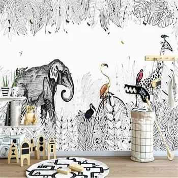 

Milofi custom large wallpaper mural simple hand-painted small fresh elephant giraffe European TV background wall