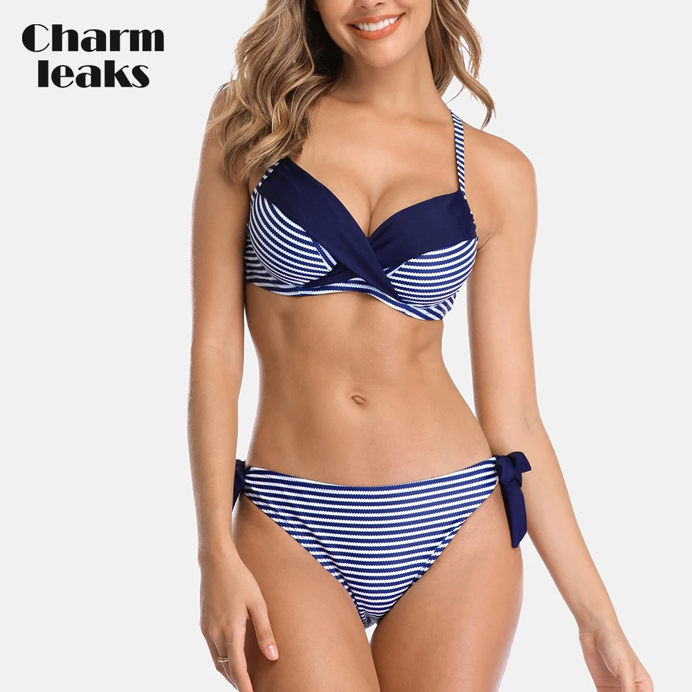 Charmleaks Women Bikini Set Stripe Swimsuit Cross From Swimwear Strappy Bathing Suit Beachwear | Женская одежда