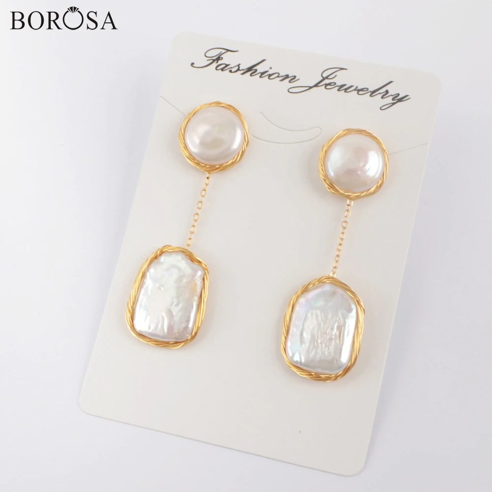 

BOROSA 3Pairs Handmade Golden Wire Wrap Natural Pearl Dangle Earrings Geometric Double Freshwater Pearls Earring Jewelry WX1206