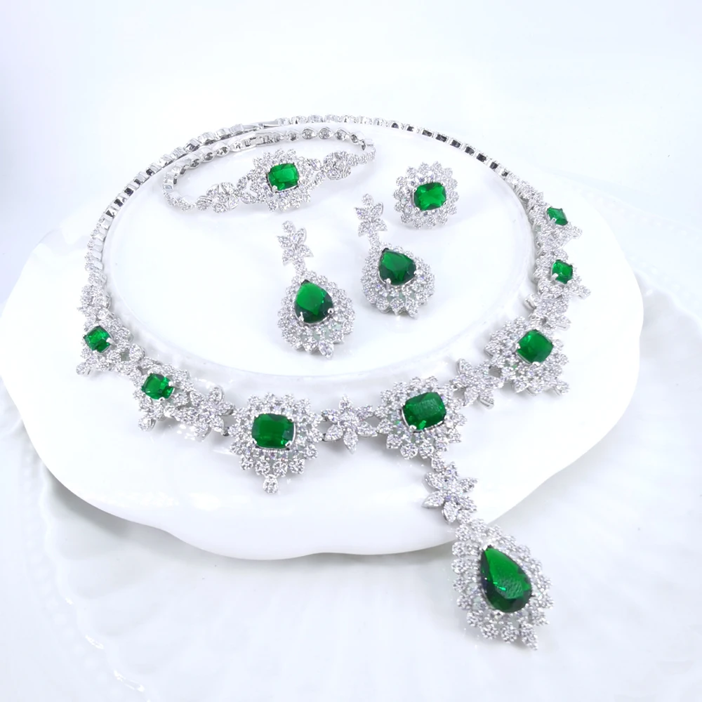 2021 NEW FASHION LUXURY GREEN CZ zircon necklace earring bracelet ring wedding bridal banquet dinner dressing party jewelry set