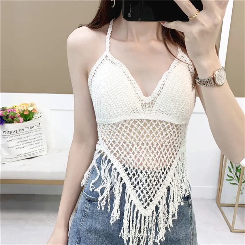 

2022 Women Swimwear Hollow Out Crochet Straps Bikini Top Summer Beachwear Cover Cup With Tassel Boho Clothes Dropshipping