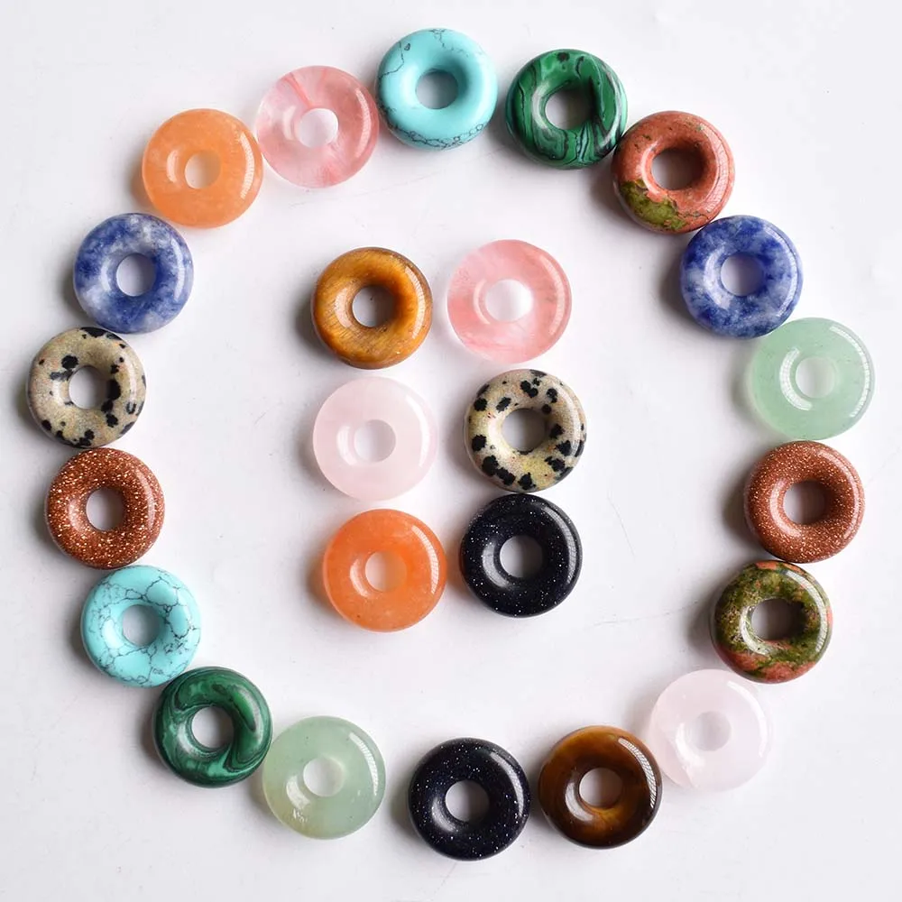 

Natural stone Quartz crystal tiger eye Opal Turquoises circle 15mm donut charms pendant for Diy jewelry making Necklace 24pcs