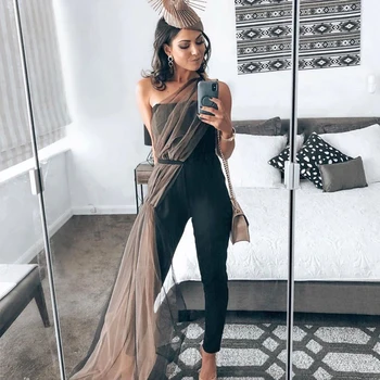 

CIEMIILI sexy solid black mesh strapless woman bandage jumpsuit 2020 new fashion halter party skinny nightclub bodycon jumpsuit