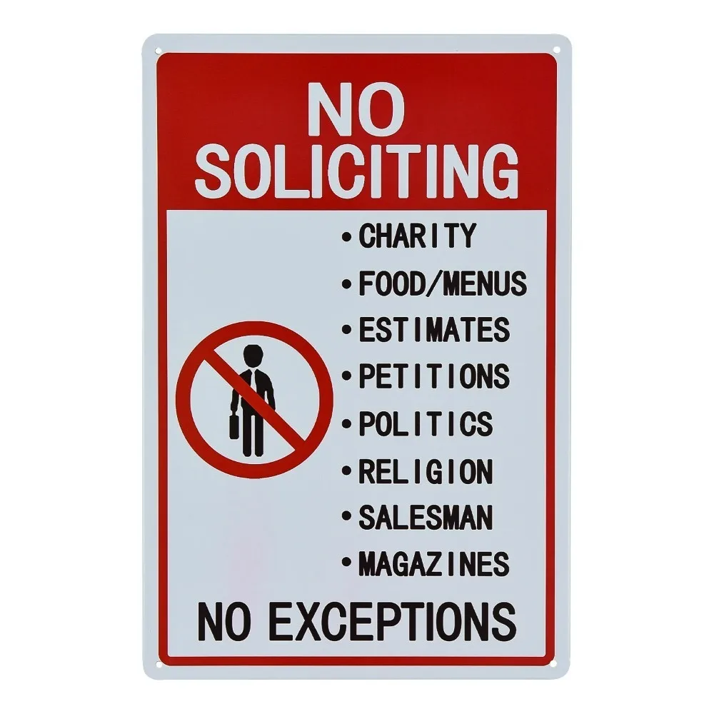 No Soliciting Sign, Do Not Disturb Sign, 12x8 Rust Free Tin, UV Printed, Easy to Mount
No Soliciting Sign, Do Not Disturb Sign, 12x8 Rust Free Tin, UV Printed, Easy to Mount