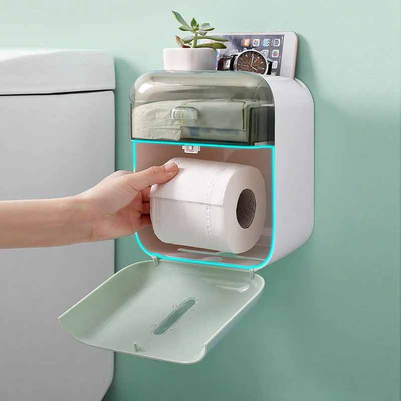 

Wall-Mounted Translucent Clamshell Waterproof Toilet Paper Box Bathroom Supplies Storage Layer Shelf Roll Paper Holder Household