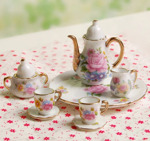 

8PCS Flower Pattern Charms Dish Plate Tea Cup Set for 1/6 Scale Dollhouse House Miniature Pot Porcelain Ceramic Flower Print