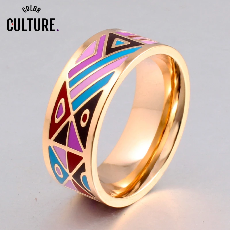 

Color Culture Brand Exclusive Beautiful Geometry Stripe Color Rings Enamel Ring 0.8cm width Gilded Steel Rings for Women