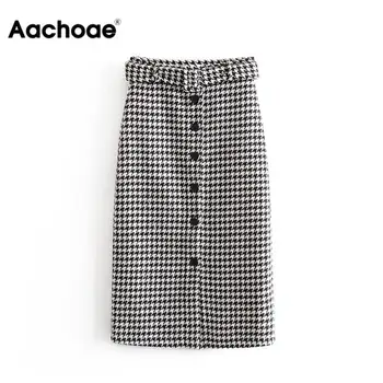 

Aachoae Women Skirts Vintage Elegant Tweed Houndstooth Midi Skirt With Belt Fashion Office Ladies Chic Plaid Split Skirt