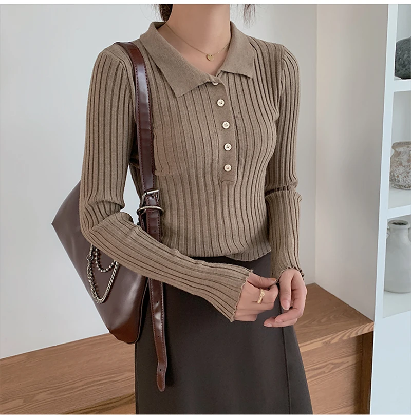 New Solid Color Short Knit Sweater Women Autumn Elegance POLO Collar Buttons Pullovers Female Elastic Slim-fit Sweaters Jumper
New Solid Color Short Knit Sweater Women Autumn Elegance POLO Collar Buttons Pullovers Female Elastic Slim-fit Sweaters Jumper