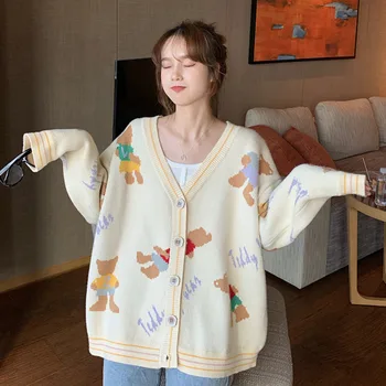 2020 Autumn Loose Lazy Style V-neck Bear Long Sleeve Sweater Cardigan Coat Women Fashion Korea Cute Knitted Cardigans Tops
2020 Autumn Loose Lazy Style V-neck Bear Long Sleeve Sweater Cardigan Coat Women Fashion Korea Cute Knitted Cardigans Tops