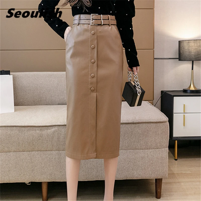 

Seoulish Autumn Winter PU Leather Women's Wrap Skirts with Belted 2021 New High Waist Single Breasted Sheath Mid-calf Skirts