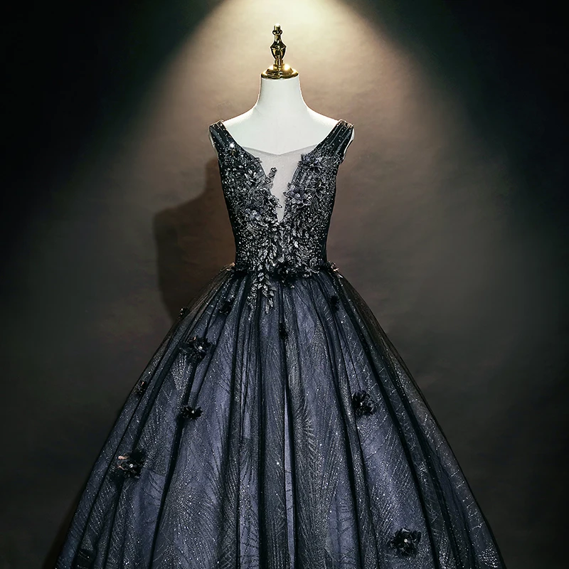 

luxury black embroidery beading lace flower ball gown opera medieval Renaissance Victoria dress ball gown
