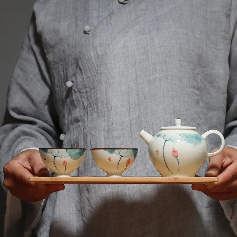

PINNY Ceramic Hand Painted Lotus Ceramic Tea Set 1 Pot 2 Cups 150ML Kung Fu Teapots Porcelain Teacups Pigmented Drinkware