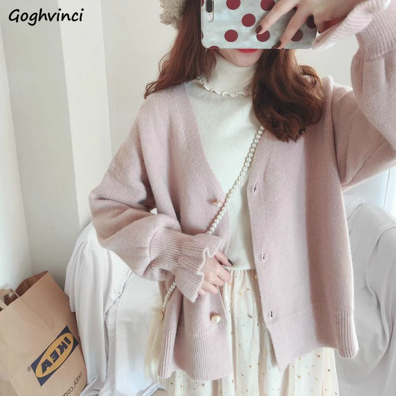 

Cardigans Women Solid Elegant V-Neck Knitted Sweaters Butterfly Sleeve Loose Preppy Style Ulzzang Womens Femme Leisure Daily New