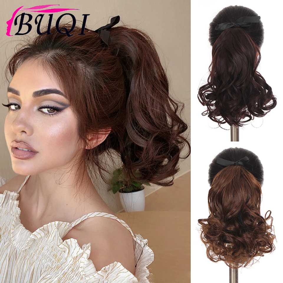 BUQI 10-Inch Synthetic Short Hair Fiber Heat-Resistant Curly With Ponytail Fake Chip-in Extensions Pony Tail | Шиньоны и парики