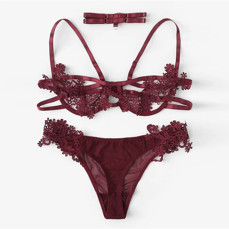 

New wine red flower Briefs Underwear Burgundy Sexy Appliques Detail Lace Lingerie Set With Choker Summer Women Wireless Bra set