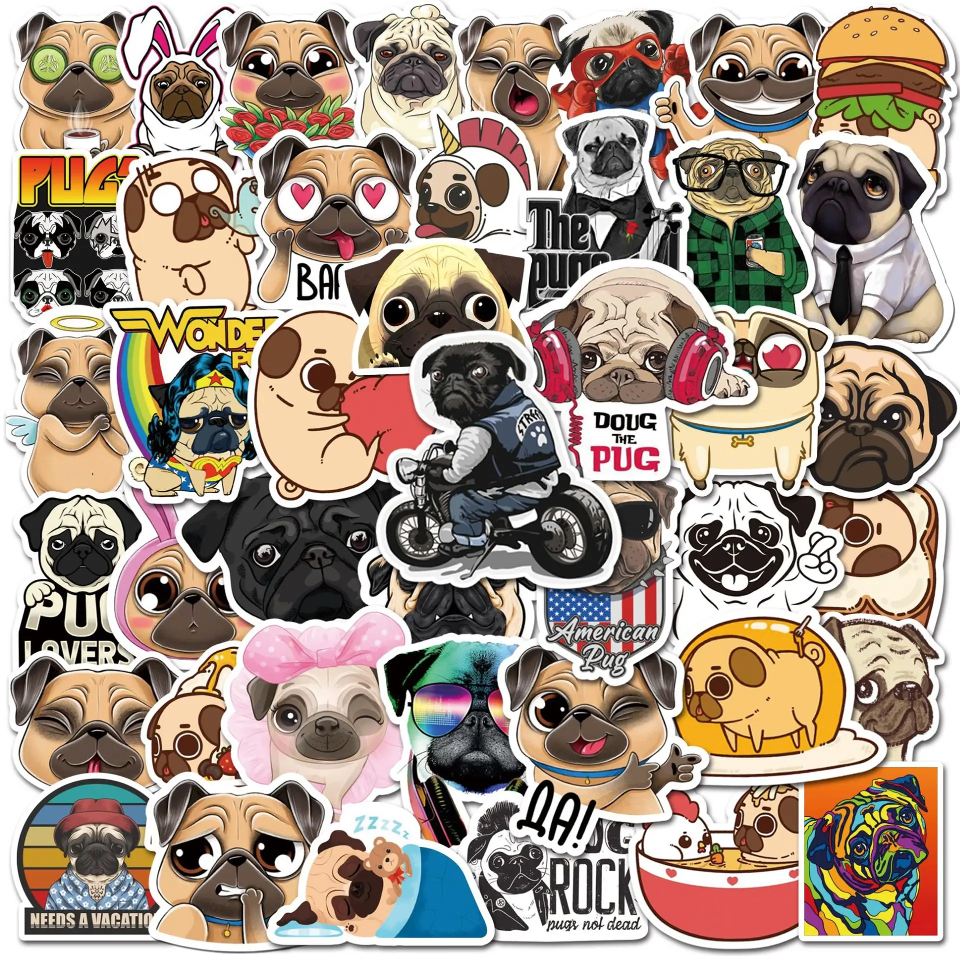 

50pcs Cut Pug Dog Stickers Laptop Guitar Luggage Skateboard Phone Waterproof Cool Graffiti Sticker Decal Kid Classic Toys