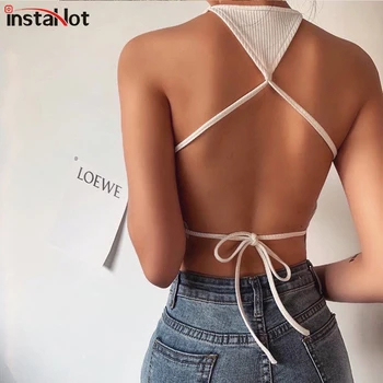

InstaHot Backless Sexy Camis Criss-Cross Halter Cropped Top Ladies Camisole Party Club Summer Bandage Slim Women Fashion Top