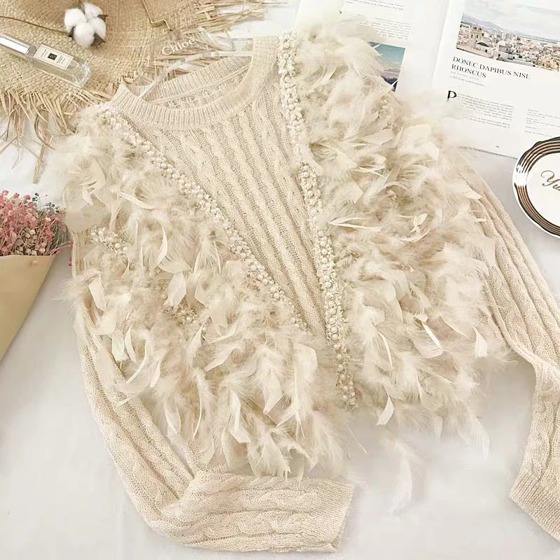 Knitting Patchwork Pearl Feather Women's Sweaters O Neck Long Sleeve Female Pullovers Autumn Fashion Thin Sweater Women
Knitting Patchwork Pearl Feather Women's Sweaters O Neck Long Sleeve Female Pullovers Autumn Fashion Thin Sweater Women