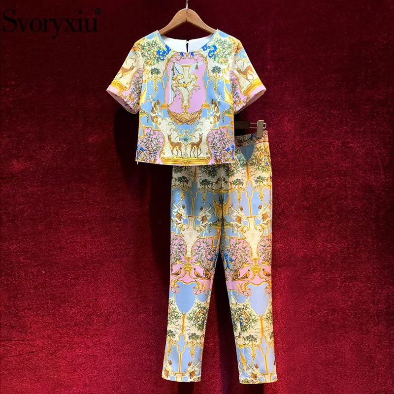 Svoryxiu Runway Designer Summer Women's Fashion Two Piece Set Short Sleeve Vintage Print Blouse + Ankle-Length Pants Suits
Svoryxiu Runway Designer Summer Women's Fashion Two Piece Set Short Sleeve Vintage Print Blouse + Ankle-Length Pants Suits