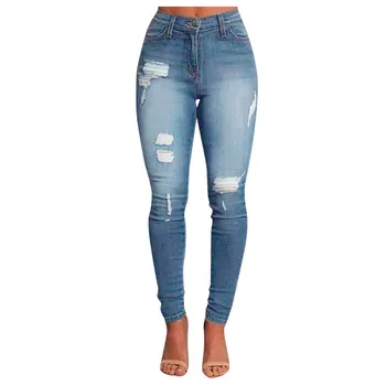 

Blue Ripped Jeans For Women Mid Waisted Skinny Denim Jeans Pocket Stretch Pants Slim Button Hole Pants Ropa Jeans Mujer 2020 #C1