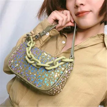 Sequins Baguette Bag Green Women Acrylic Chain Shoulder Bags Female Fashion Brands Design Zipper Small Totes Bag MM5028 
Sequins Baguette Bag Green Women Acrylic Chain Shoulder Bags Female Fashion Brands Design Zipper Small Totes Bag MM5028