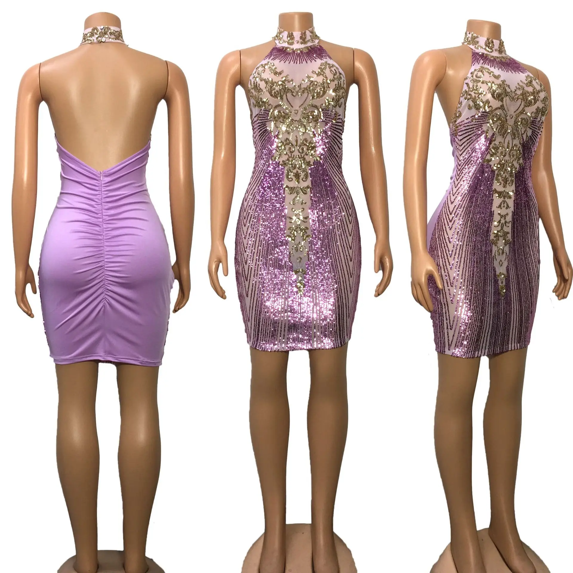 Sexy Sleeveless Backless See Through Halter Mini Dress Celebrity Bodycon Package Hip Gold Print Sequins Purple Female Dresses