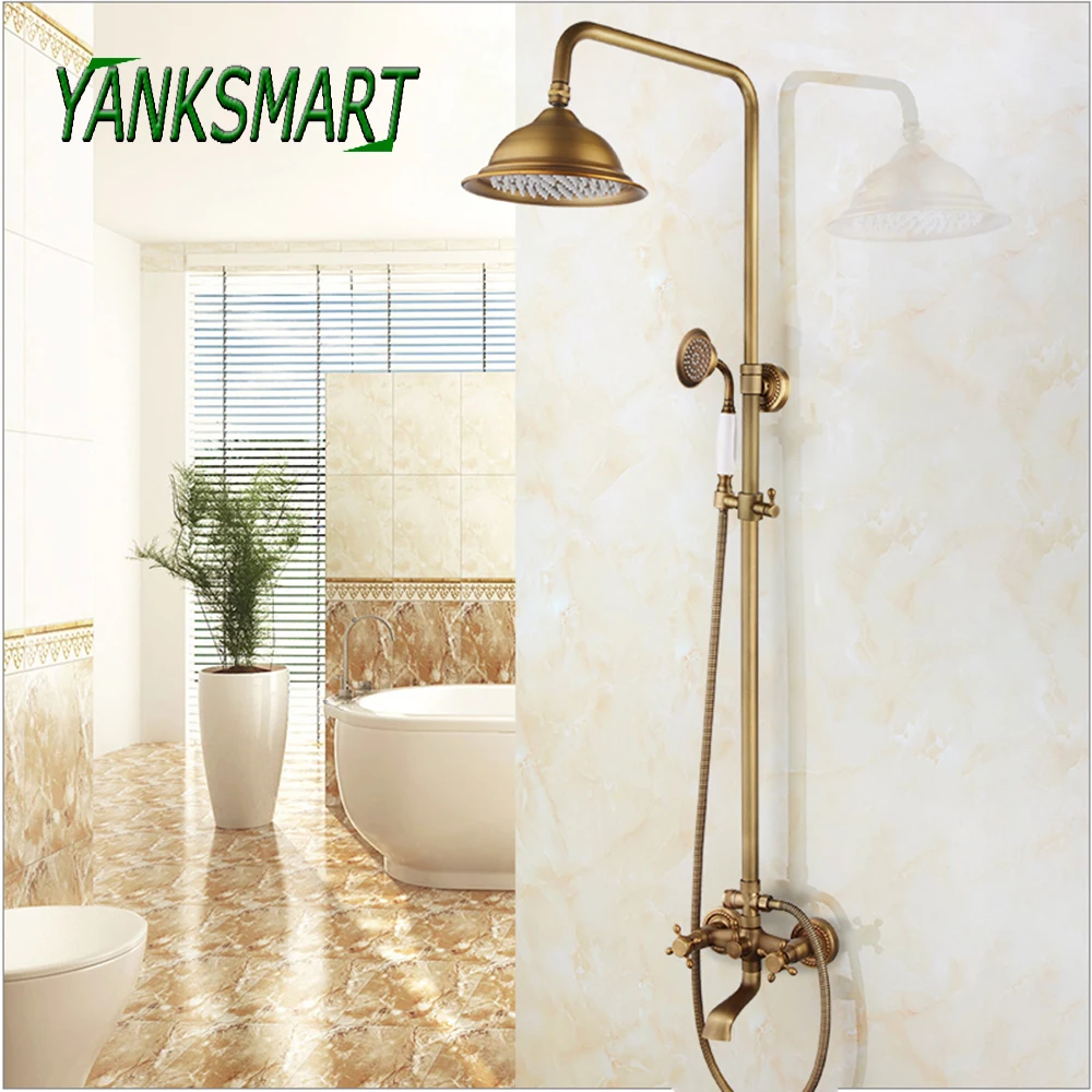 

YANKSMART Antique Brass Bathroom Shower Faucet Set Rasinfall & Waterfall Wall Mounted Shower Faucets Mixer Water Tap Combo Kit