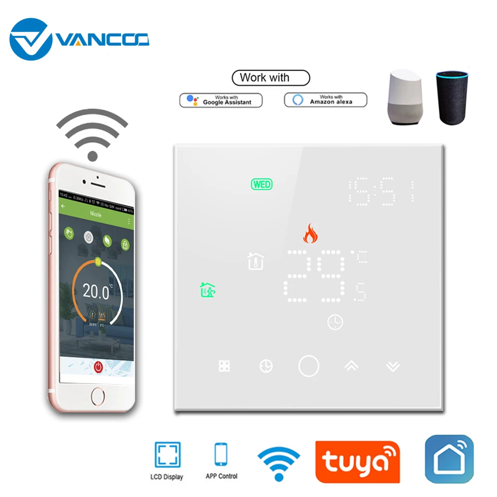 Smart Thermostat Wifi LCD Touch Screen Temperature controller For Electrical / Water Heating Systems Work With Alexa Google Home
Smart Thermostat Wifi LCD Touch Screen Temperature controller For Electrical / Water Heating Systems Work With Alexa Google Home