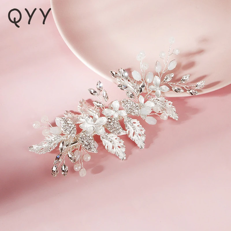 

QYY Fashion Flower Leaf Hair Clips for Women Accessories Crystal Silver Color Bridal Wedding Hair Jewelry Bride Headpiece Gifts