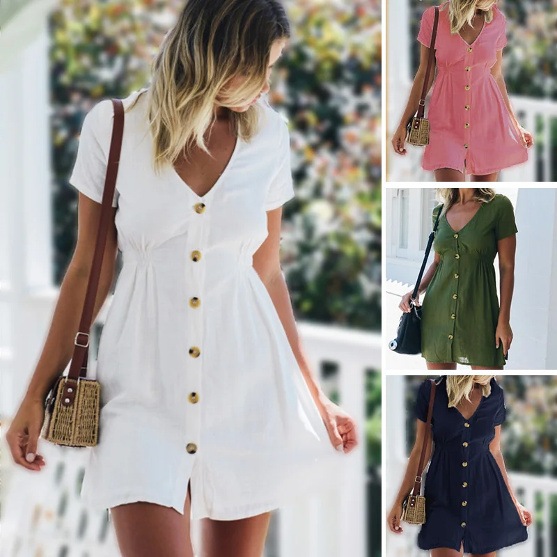 Spring/Summer 2020 Women's Pure Color Single Row Buttons V-Neck Cultivate One's Morality High-Waisted Leisure Fashion Dress
Spring/Summer 2020 Women's Pure Color Single Row Buttons V-Neck Cultivate One's Morality High-Waisted Leisure Fashion Dress