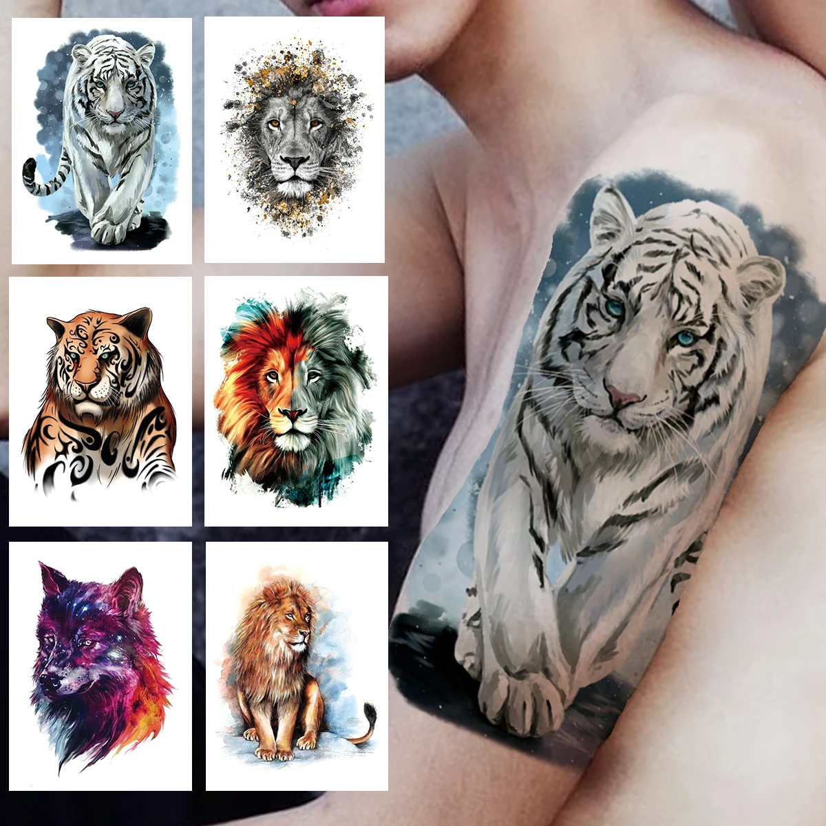 

DIY Tiger Leopard Temporary Tattoos For Men Women Adult Fake Wolf Lion Tattoo Sticker Watercolor Animal Waterproof Tatoo Armband