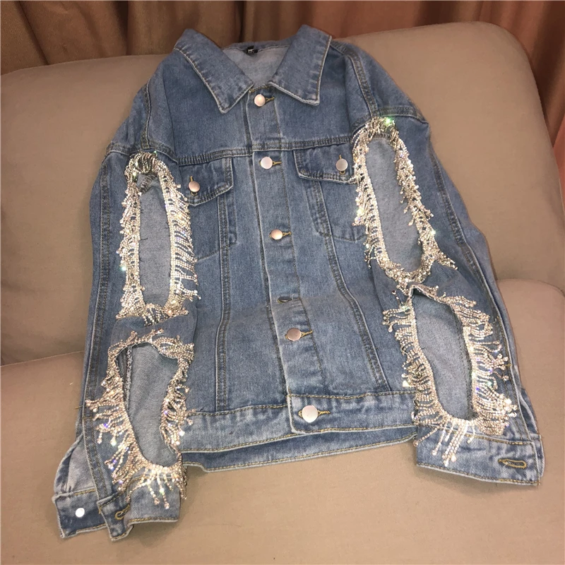2020 Spring New Cut-out Bling Rhinestone Fringed Loose Light Blue Washing Denim Jacket Woman Lapel Jean Coat Ladies Chaquetas
2020 Spring New Cut-out Bling Rhinestone Fringed Loose Light Blue Washing Denim Jacket Woman Lapel Jean Coat Ladies Chaquetas