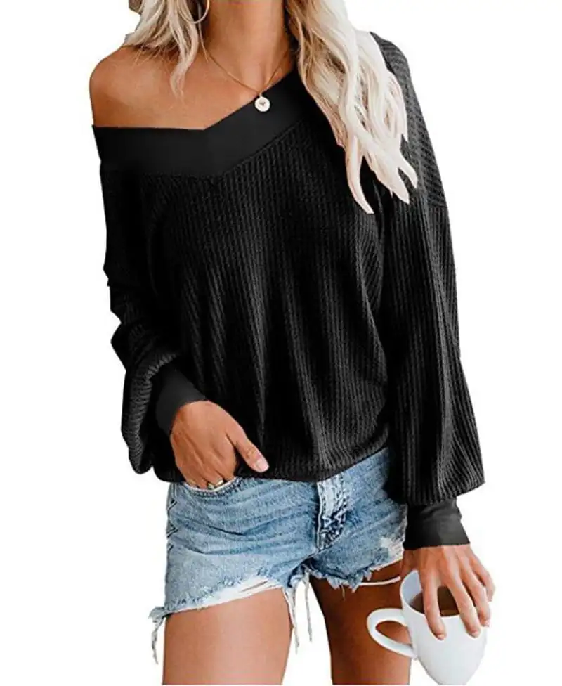 Women Long Sleeve Waffle Knit Tops Off Shoulder Pullover Sweater Top 6