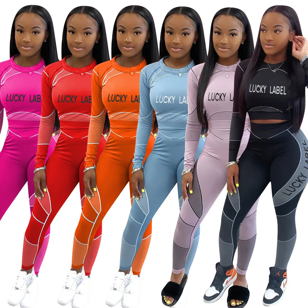 

Lucky Label Print Women's Set Long Sleeve Tee Tops Legging Pants Set Ribbed Tracksuit Two Piece Outfit Active Sweatsuit