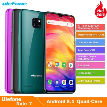 

Ulefone Note 7 Android 8.1 6.1" Waterdrop Screen 16GB ROM Smartphone WCDMA band Mobilephone Face ID Quad Core 3500mAh