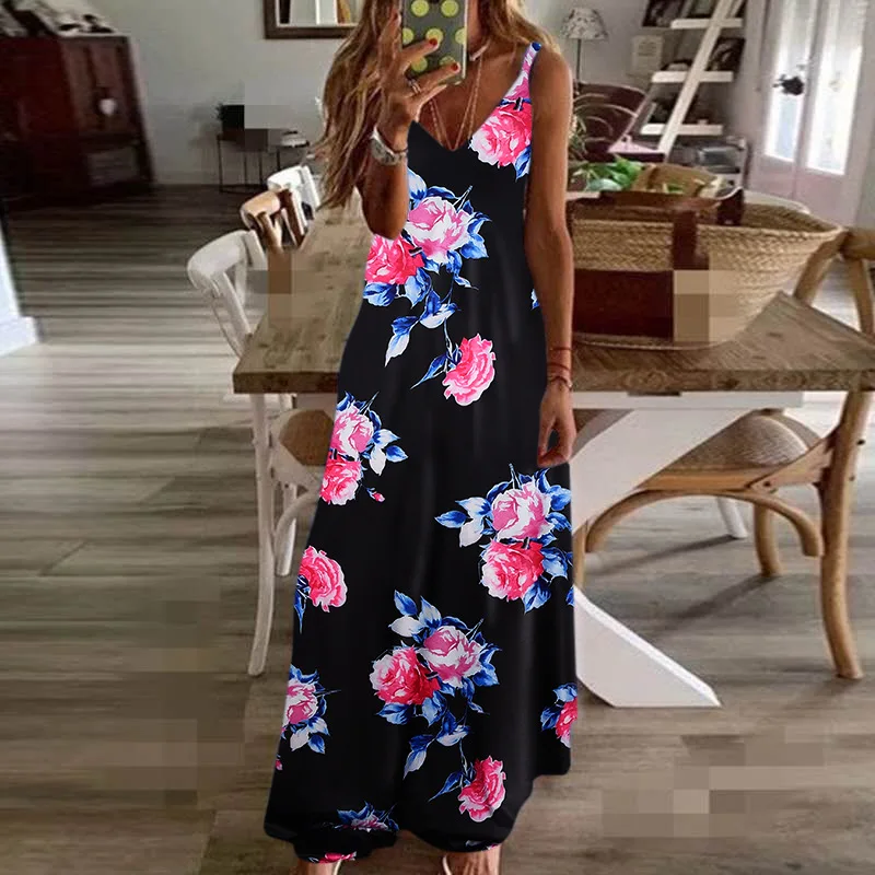 Sexy Maxi Dresses For Women Boho Print V-Neck Floral Sundresses Women Sleeveless Plus Size Dresses For Women 4xl 5xl Summer 2020