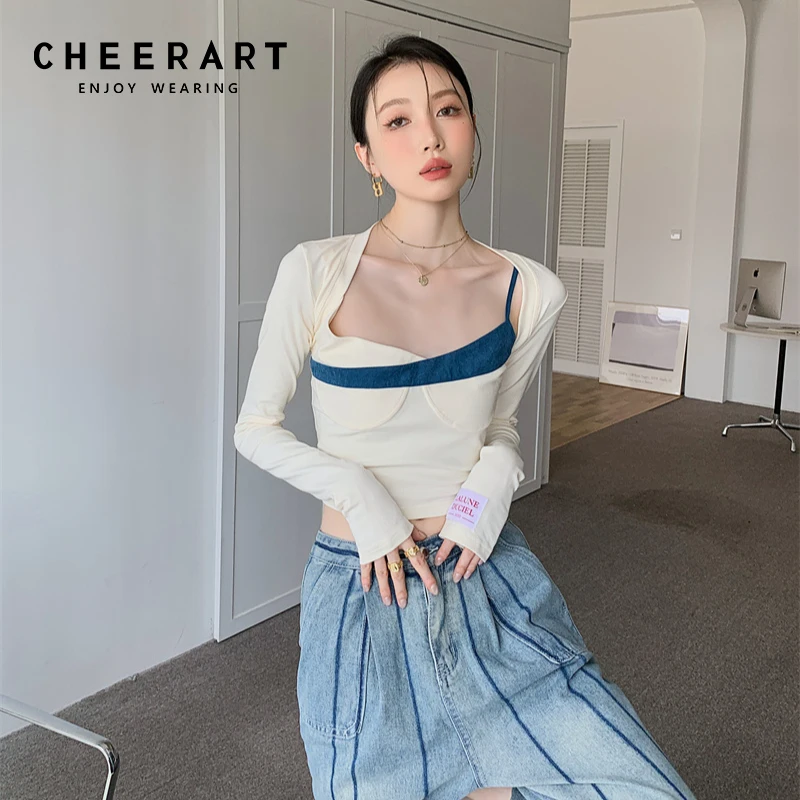 CHEERART 2 шт. короткий топ для женщин Бежевый лоскутный корсет на тонких бретельках Топ на бретельках корейский модный дизайнерский топ одежда
CHEERART 2 шт. короткий топ для женщин Бежевый лоскутный корсет на тонких бретельках Топ на бретельках корейский модный дизайнерский топ одежда
