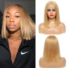 

Short Bob Honey Blonde Lace Front Wig Brazilian Straight T Part Human Hair Wigs For Women 180% Density GOODHAIR