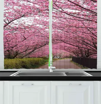 Olive Green Nature Kitchen Curtains Sakura Path Surreal Blooms National Park Refreshing Spring Picture for Kitchen Cafe Decor 
Olive Green Nature Kitchen Curtains Sakura Path Surreal Blooms National Park Refreshing Spring Picture for Kitchen Cafe Decor