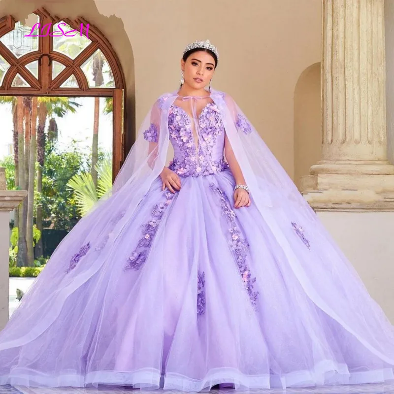 Lilac Quinceanera Dresses With Cape Ball Gown V-Neck 3D Flowers Beaded Princess Sweet 15 Dress Tulle Lace-Up Backless Prom Dress
Lilac Quinceanera Dresses With Cape Ball Gown V-Neck 3D Flowers Beaded Princess Sweet 15 Dress Tulle Lace-Up Backless Prom Dress