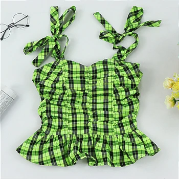 

2020 za SHE green Knotted Strap Shirred Gingham Peplum Cami Top Women Spring Summer Ruffle Hem Boho Slim Fit Plaid Vest Tops