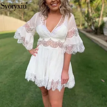 

Svoryxiu Sexy Deep V Collar White Lace Rompers Women's Fashion Flocking Dot Summer Beach Short Overalls Playsuit 2020 New