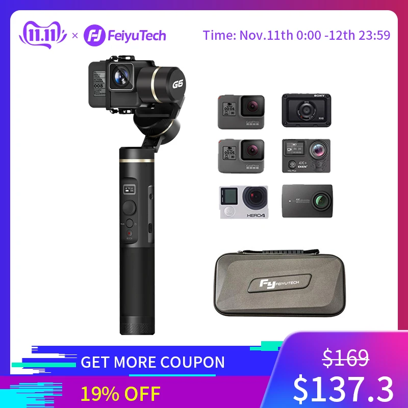 FeiyuTech Feiyu G6 3-Axis Action Camera Handheld Gimbal Stabilizer OLED Screen for Gopro Hero 7 6 5 Sony RX0 Yi cam 4K
FeiyuTech Feiyu G6 3-Axis Action Camera Handheld Gimbal Stabilizer OLED Screen for Gopro Hero 7 6 5 Sony RX0 Yi cam 4K
