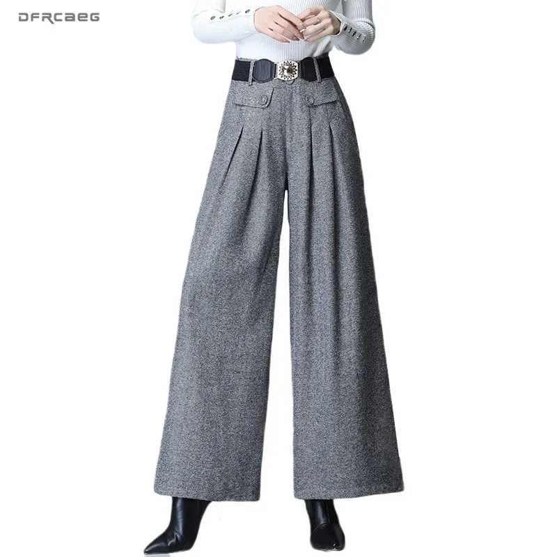 Фото Брюки женские зимние шерстяные с широкими штанинами и высокой талией | Женская